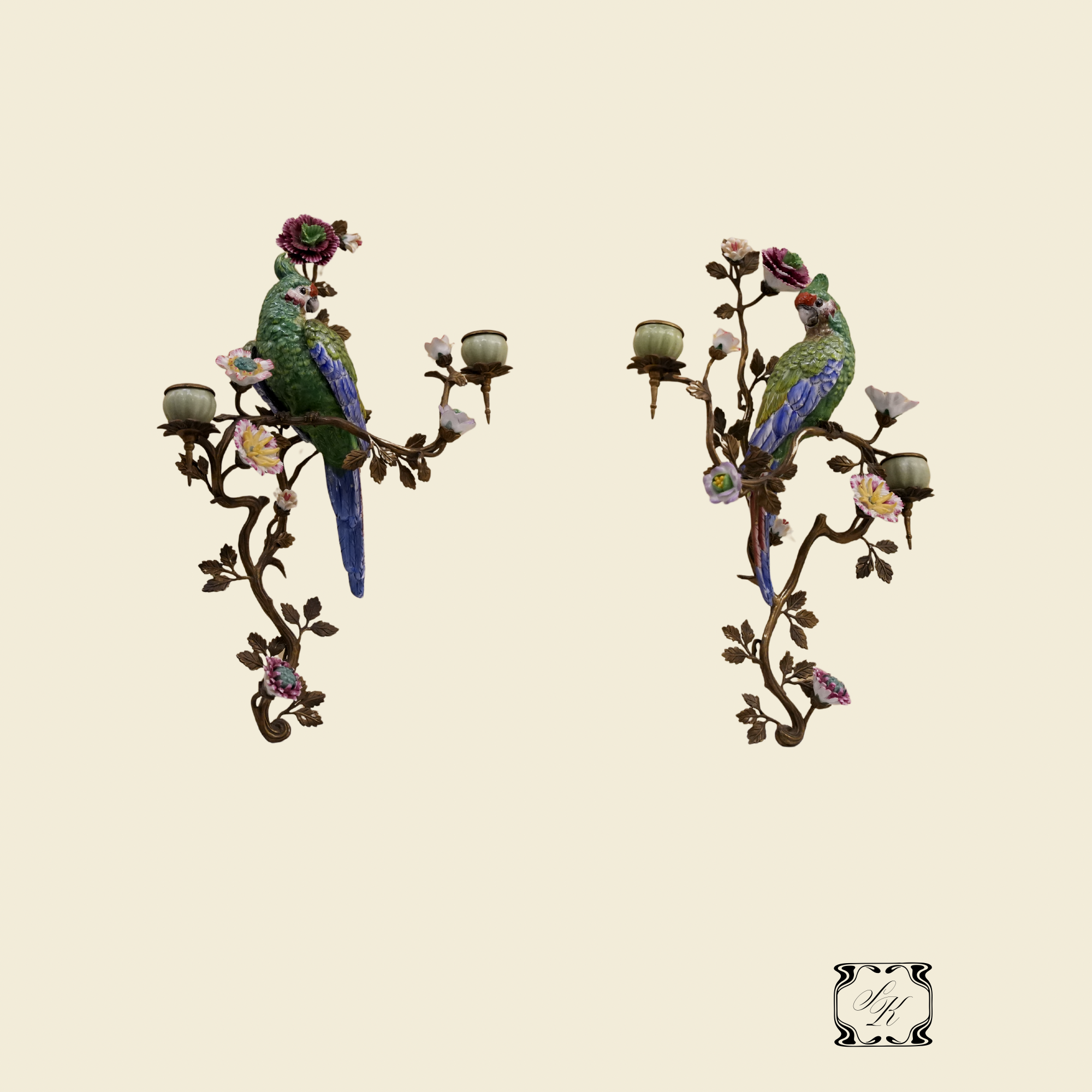 French Porcelain and Gilt-Bronze Parrot-Form Wall Sconces, 19th Century