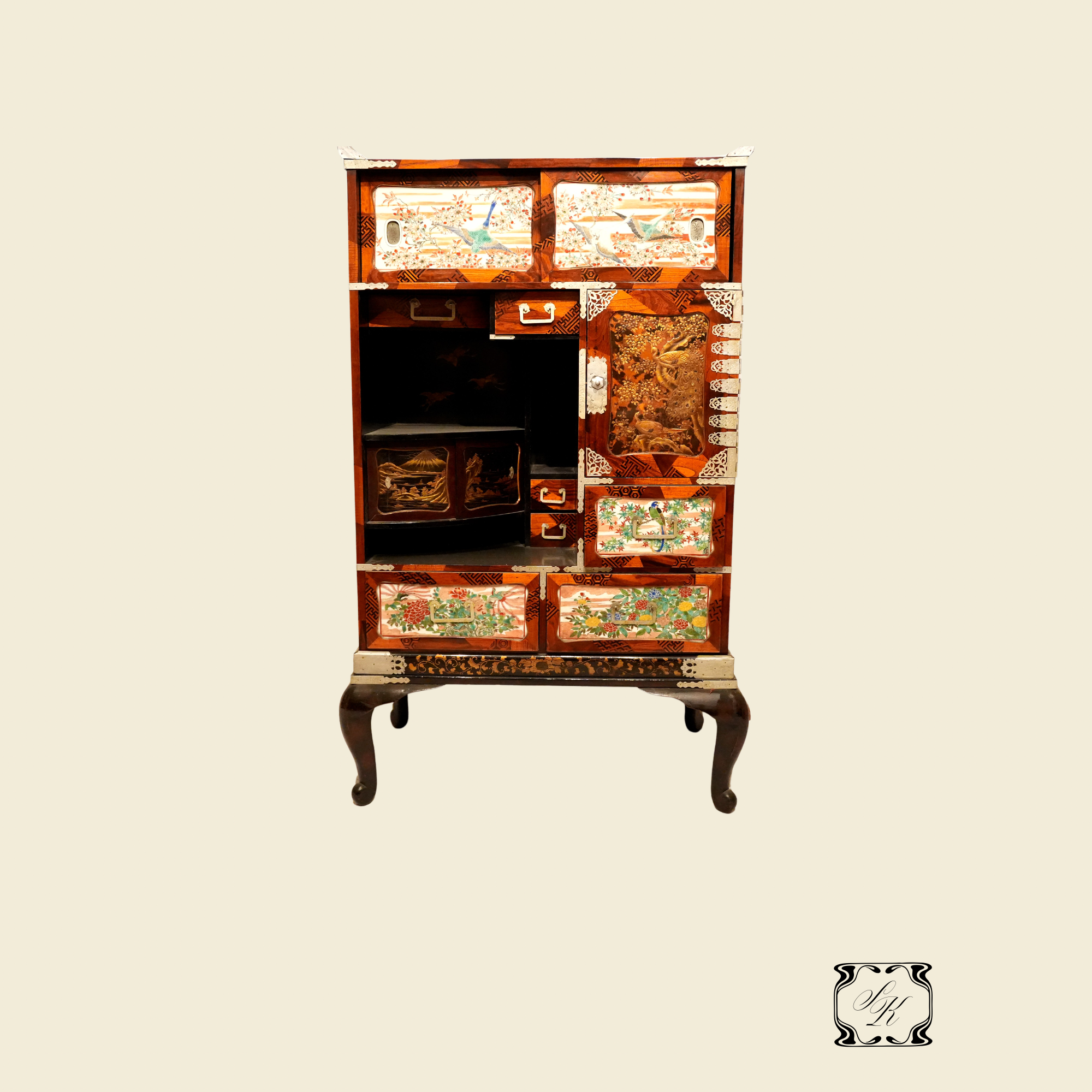 Japanese Marquetry Cabinet with Floral Porcelain Inlays, Early 20th Century