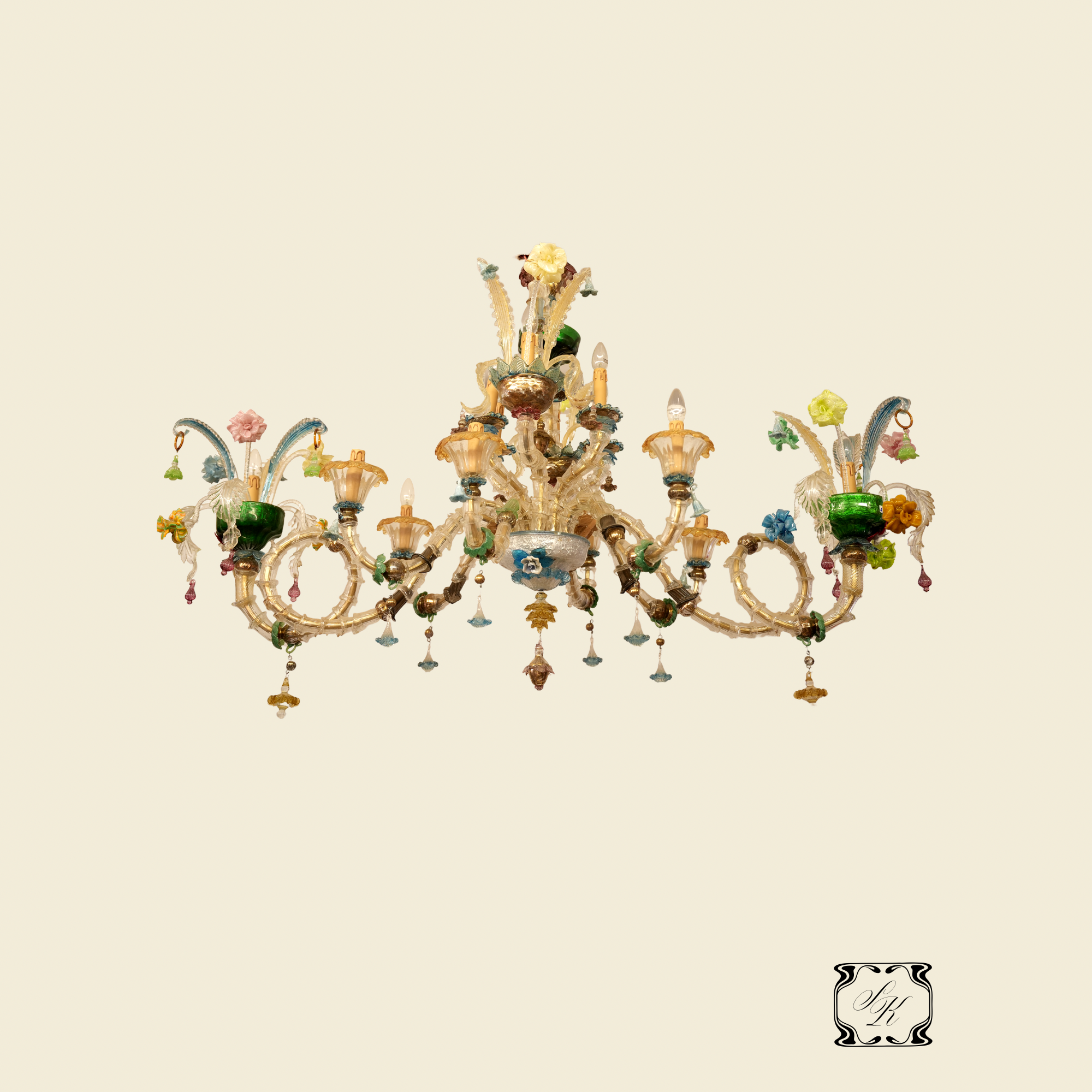 Italian Murano Glass Chandelier with Multicoloured Flowers and Scroll Arms, 20th Century