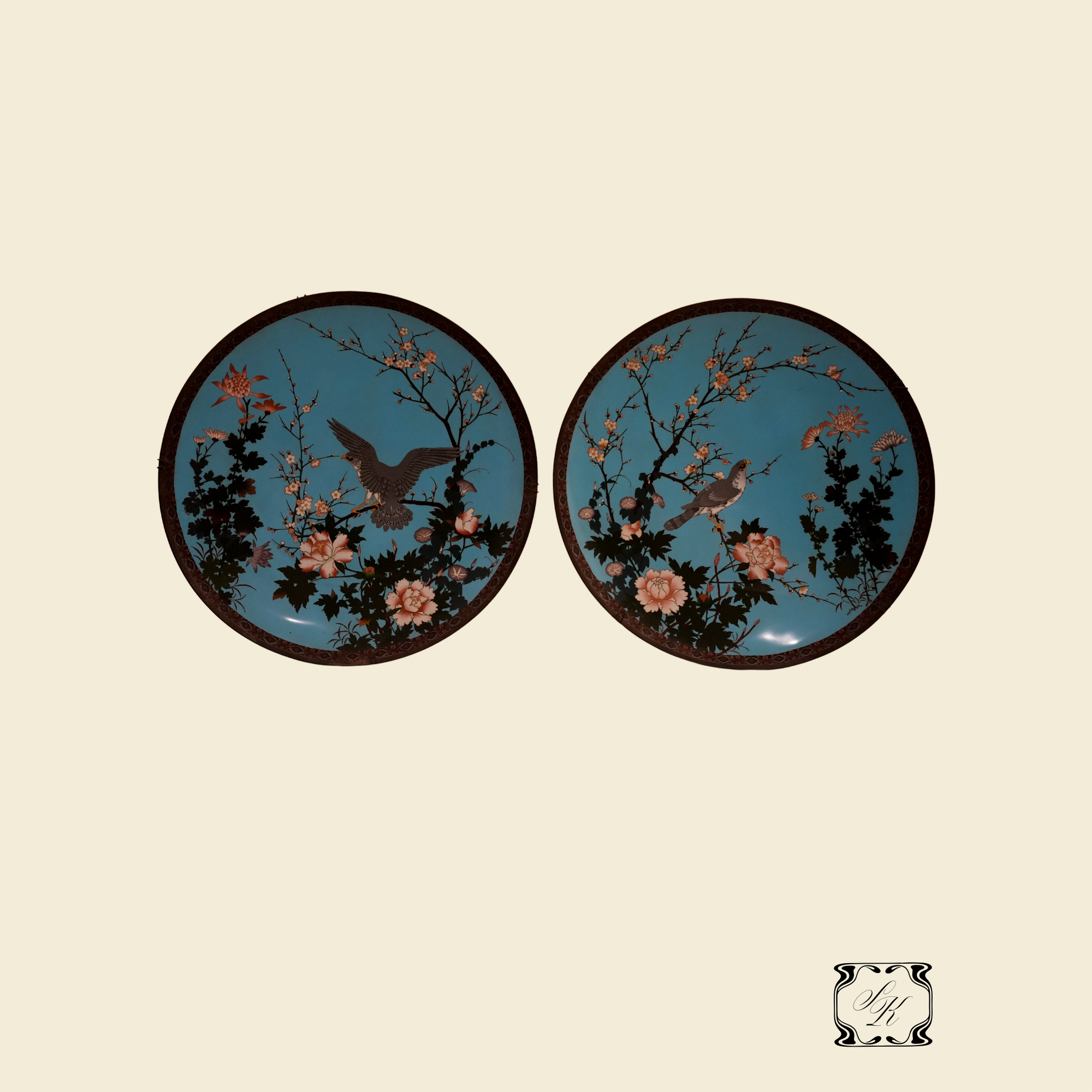 Japanese Meiji Period Cloisonné Enamel Chargers with Floral and Avian Motifs, Late 19th Century