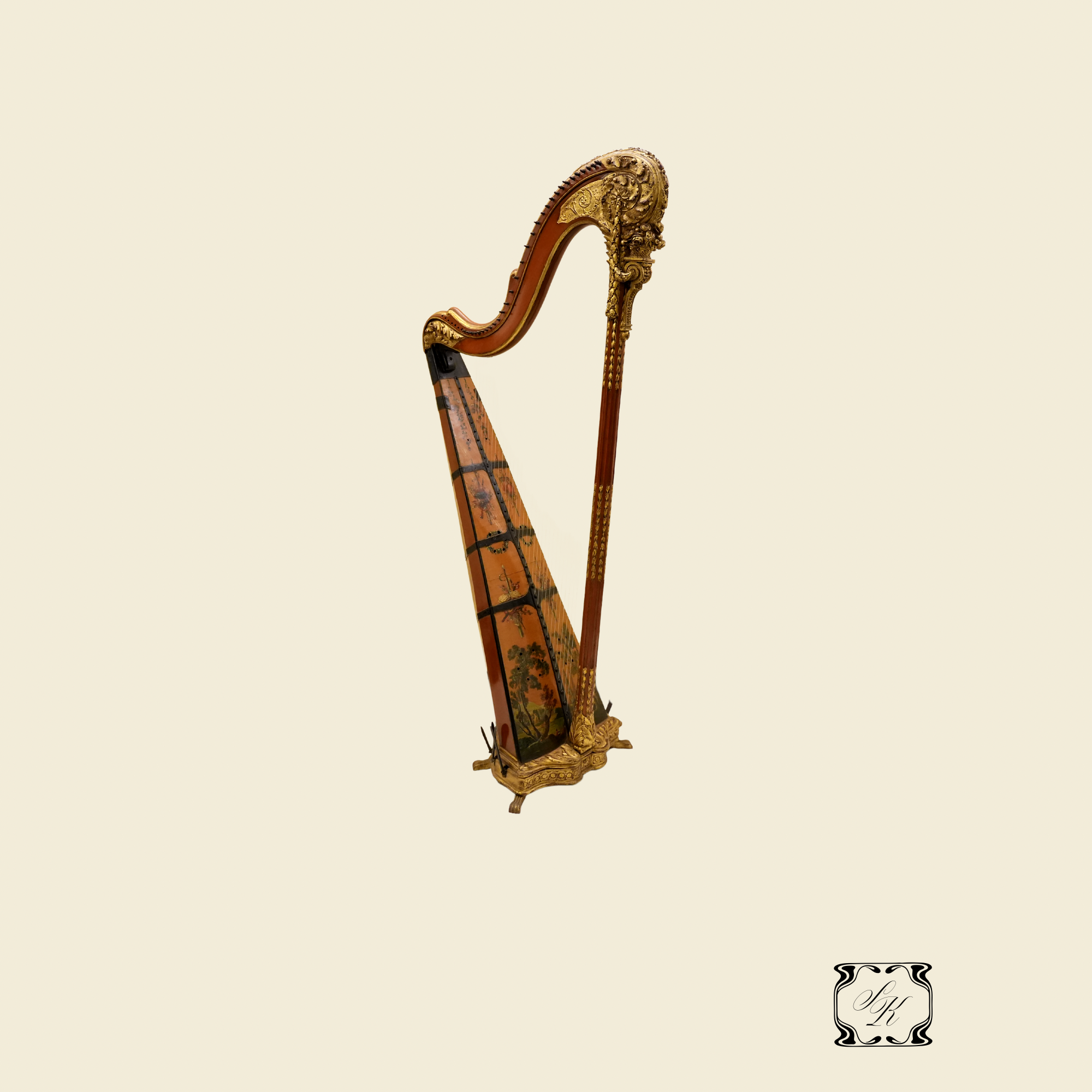 French Neoclassical Gilt and Painted Concert Harp, 19th Century