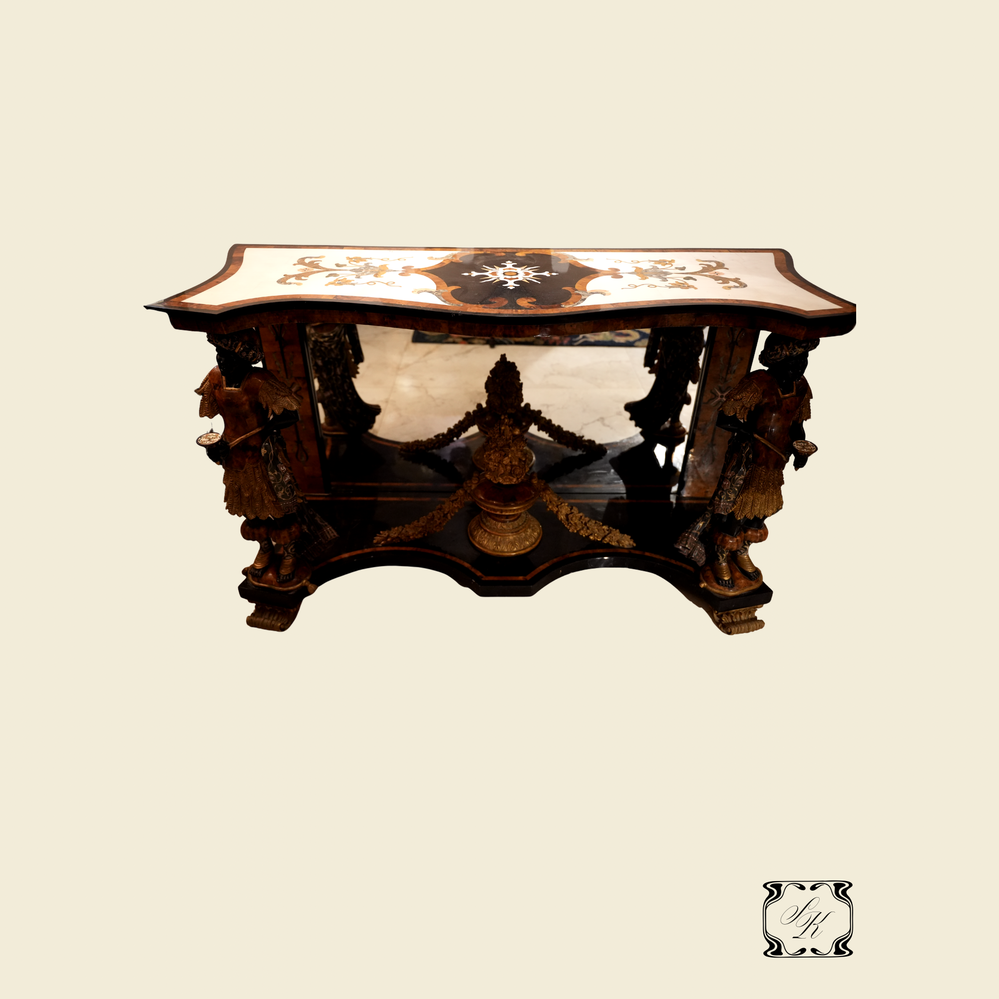 Venetian Blackamoor Console Table with Marble-Inlaid Serpentine Top and Gilt Carved Figures, 19th Century